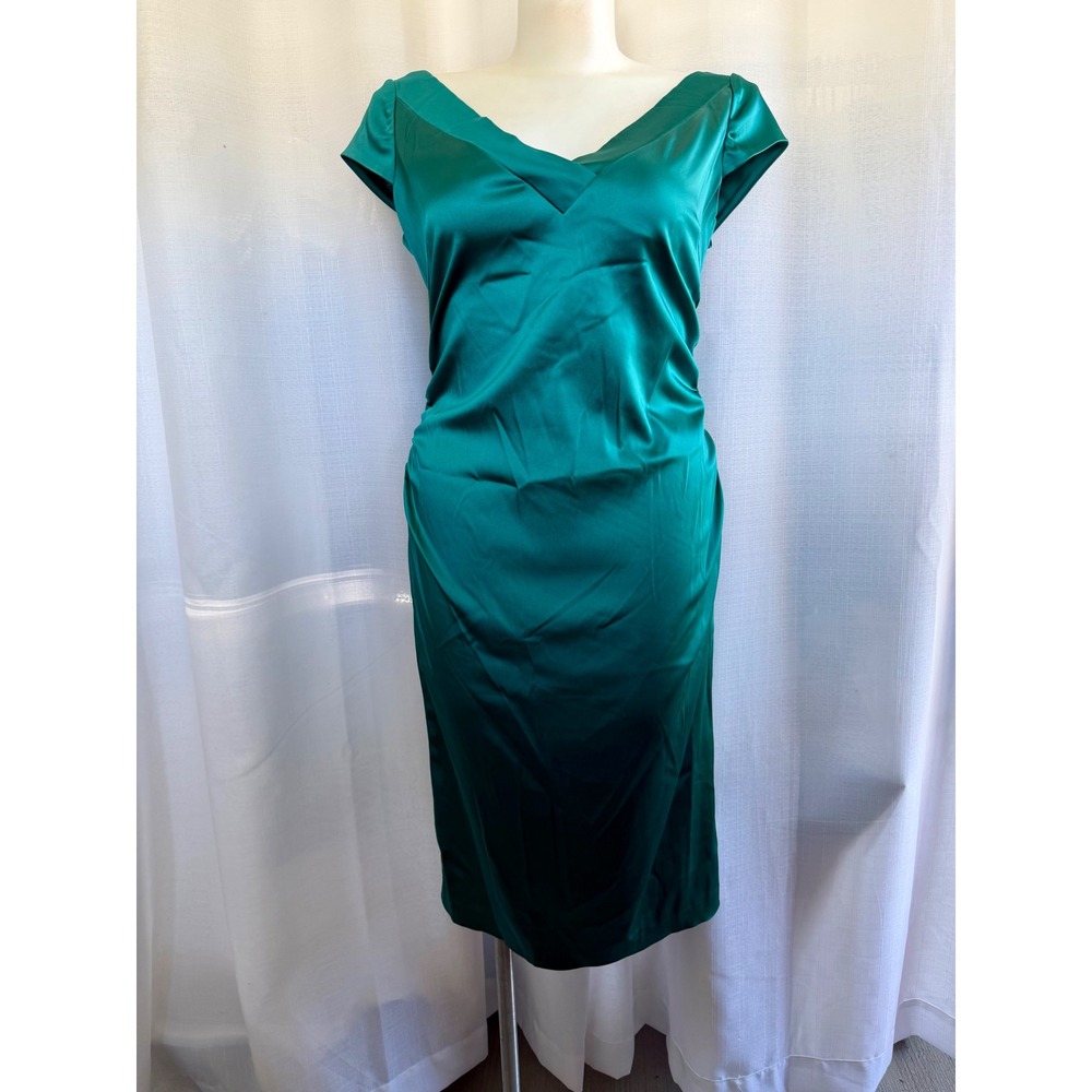 Maggy London Emerald Green Satin Dress Size L Ruched Sheath Cocktail Party